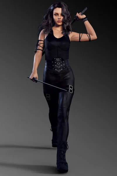 Urban Fantasy or Sci Fi Woman in Black Leather in Action Pose with Swords