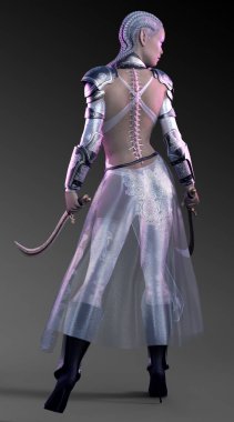 Güzel yabancı Sci Fi kız dantel zırh silah ile