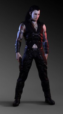 Asya Sci Fi savaşçı ya da suikastçı silahı ile siyah deri