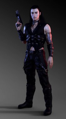 Asya Sci Fi savaşçı ya da suikastçı silahı ile siyah deri