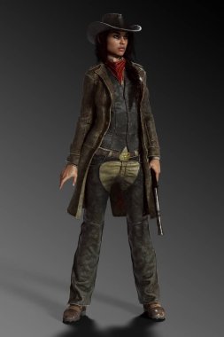 Güzel kadın Cowgirl veya Gunslinger silahla Batı giyim