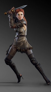 Fantezi, Sci Fi veya Steampunk savaşçı kadın deri zırh kılıç ile