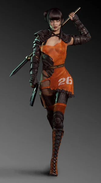 Beautiful Sci Warrior Assassin Woman Armor Spear Gun — Stock Photo, Image
