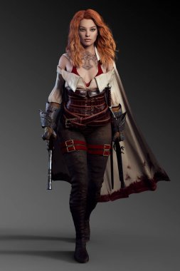 Fantezi korsan kadın deri zırh ve Cape Blunderbuss ile