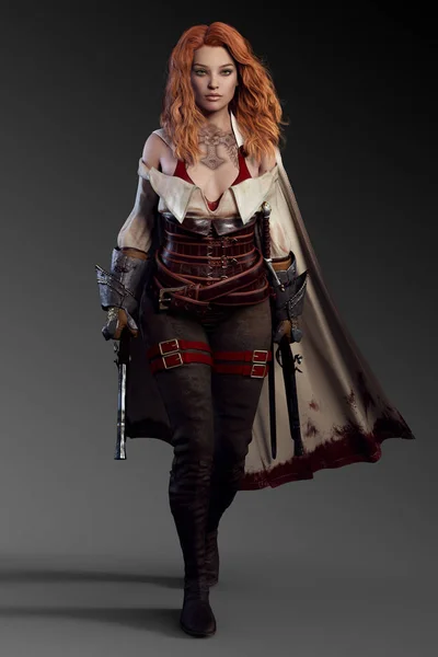 Fantasy Pirate Woman in Leather Armor and Cape with Blunderbuss