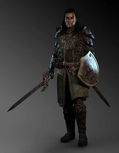 Dark King: Fantasy PoC Medieval Knight in Armor with Sword and Shield