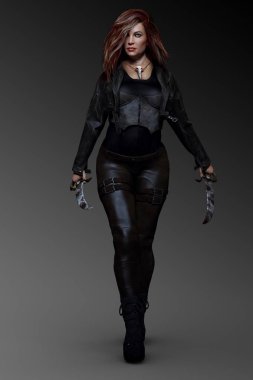 Kentsel Fantasy Sci-Fi büyük kadın savaşçı, savaşçı veya Mage siyah deri