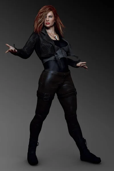 Urban Fantasy Sci Mujer Mayor Combatiente Guerrero Mago Cuero Negro —  Fotos de Stock