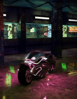 Cyperpunk motosiklet futuristik otopark yapısı