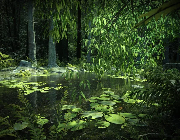 Peaceful Cgi Weeping Willow Pool Lily Pads — Stock Photo, Image