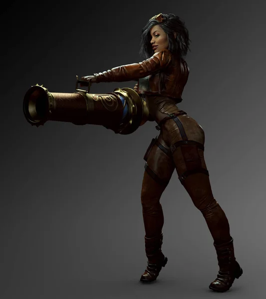 Black steampunk Girl in Leather Armor or Flight Suit, Goggles