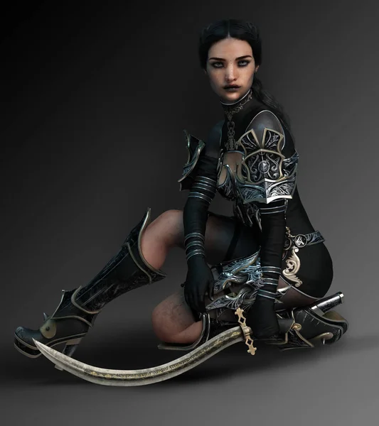 可怕的黑暗夫人在黑色幻想盔甲与剑 — 图库照片