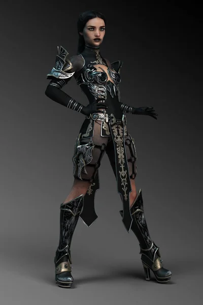 Upiorny Lady Dark Fantasy Czarny Armor — Zdjęcie stockowe