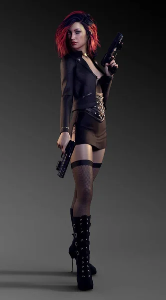 赤と黒の髪と拳銃でセクシーな女性都市ファンタジー戦士 — ストック写真