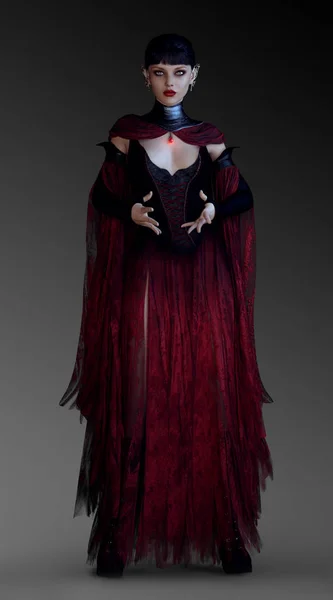 Vampish Sorceress Witch Black Red Gown Casting Magic Spell — Stock Photo, Image