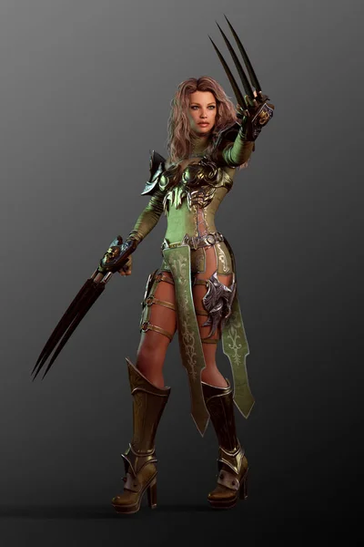 Fantasy Blonde Warrior Armor Clawed Fist Weapons — Stok Foto