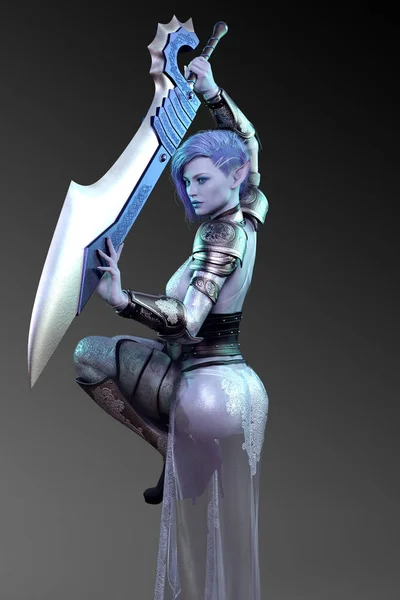 Fantasy Sci Guerrero Con Espada Armadura Sexy Piel Azul Cabello —  Fotos de Stock