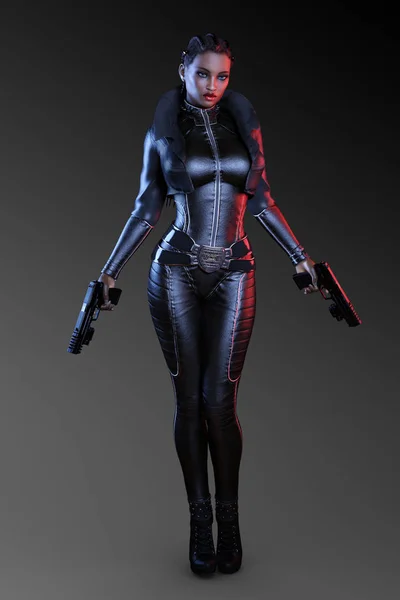Fantasy Sci Assassin Black Leather Catsuit Guns — Stock Photo, Image