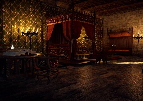 Dormitorio Medieval Cgi Con Cama Cubierta Velas — Foto de Stock