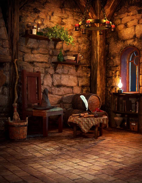 Medieval Fantasy CGI Witch Cottage with Candlelight