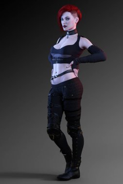 Kentsel fantezi veya Sci Fi kadın deri ile traş kırmızı saç