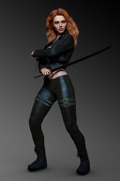 Beautiful Urban Fantasy Sci Fi Woman Warrior or Assassin in Black Leather with Katana