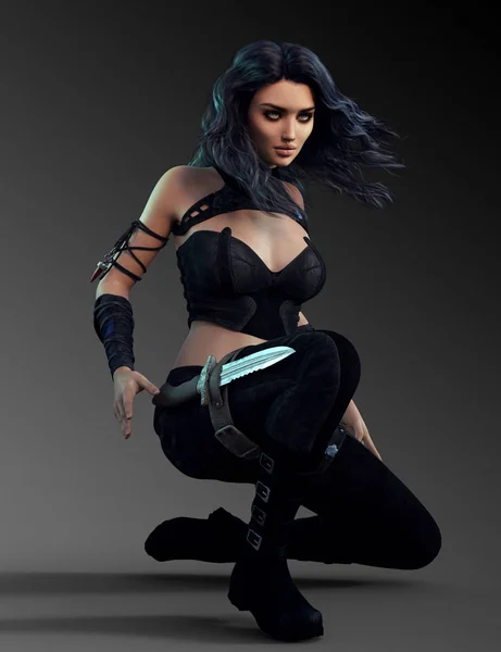 Gyönyörű Városi Fantasy Sci Woman Warrior Vagy Bérgyilkos Fekete Bőr — Stock Fotó