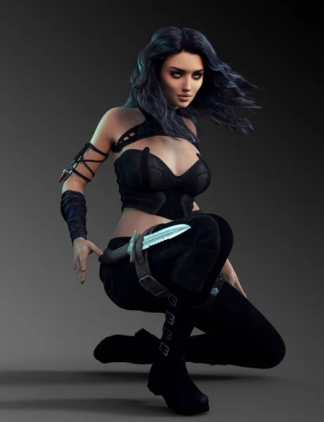 Güzel kentsel fantezi Sci Fi kadın savaşçı veya Assassin hançer ile siyah deri