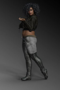 Güzel kentsel fantezi Poc düzgün vücutlu kadın siyah deri ve kot pantolon