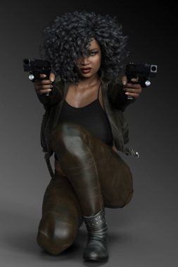 Beautiful Urban Fantasy PoC Curvy Woman in Black Leather and Jeans with Guns clipart
