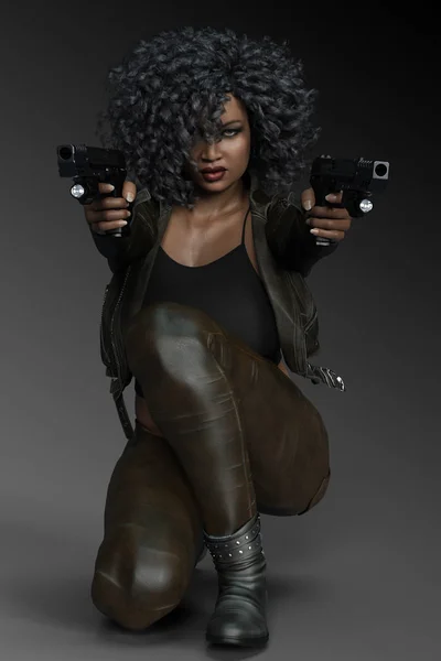 Krásné Městské Fantasy Poc Křivky Žena Černé Kůže Džíny Zbraněmi — Stock fotografie