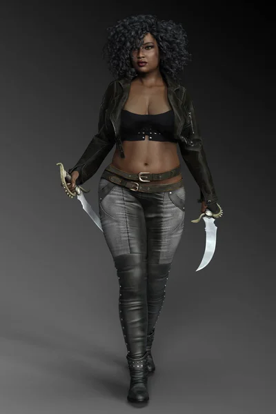 Beautiful Urban Fantasy PoC Curvy Woman in Black Leather and Jeans with Daggers