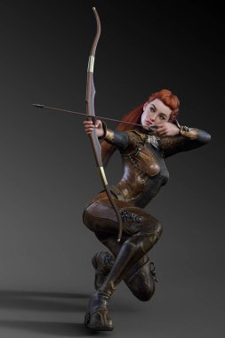 Fantezi Archer veya Ranger kadın Kızıl saçlı deri zırh