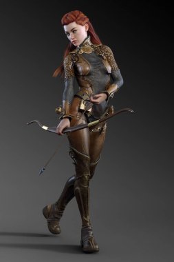 Fantezi Archer veya Ranger kadın Kızıl saçlı deri zırh