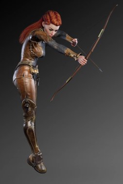 Fantezi Archer veya Ranger kadın Kızıl saçlı deri zırh