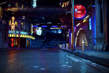 Cyberpunk veya Sci Fi Street gece