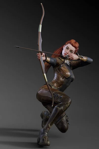 Fantasy Łucznik Lub Ranger Kobieta Zbroi Skórzanych Rude Włosy — Zdjęcie stockowe