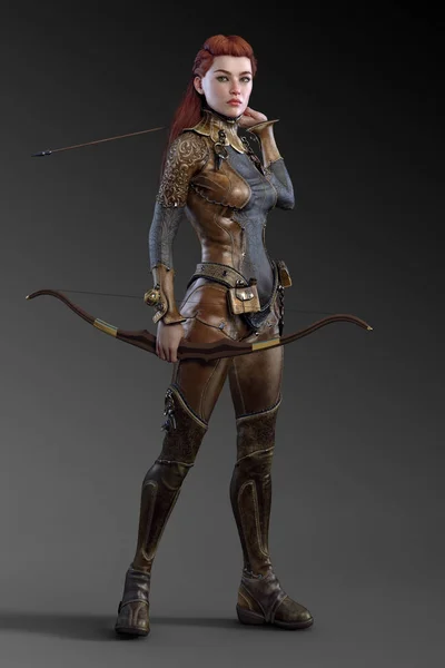 Fantasy Archer Ranger Femmina Pelle Armatura Con Capelli Rossi — Foto Stock