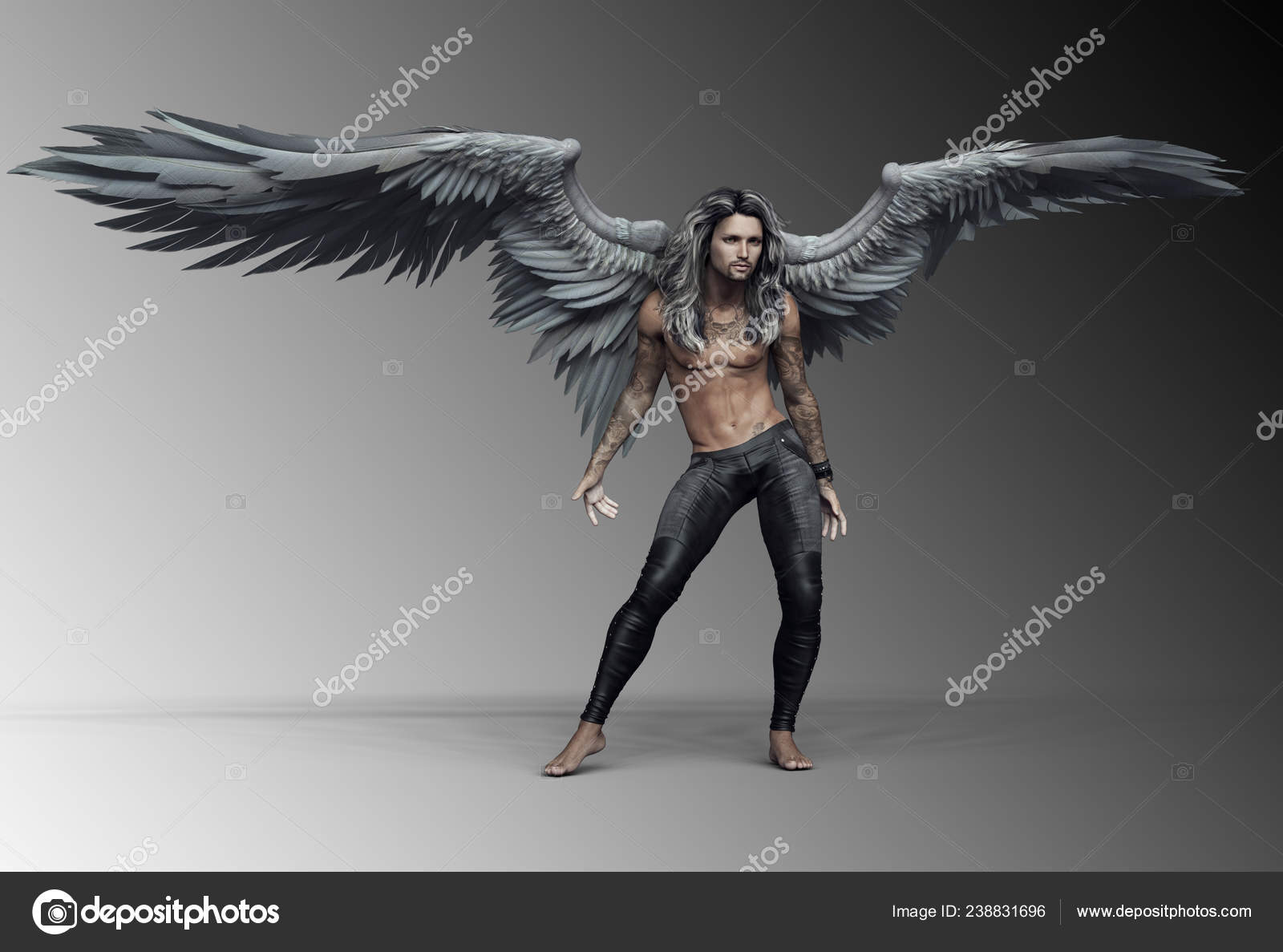 Sexy Muscular Tattooed Male Angel White Wings Stock Photo by ©Ravven