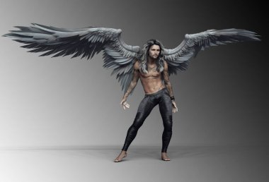 Sexy Muscular Tattooed Male Angel With White Wings clipart