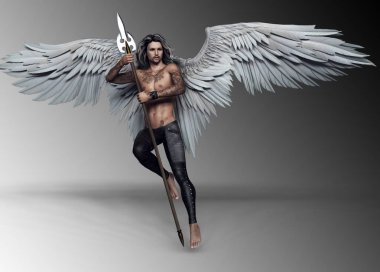 Seksi dövmeli kas erkek ile beyaz melek kanatları