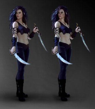 Kentsel Fantasy Fighter veya Assassin kadın, temiz ve kirli dokular ile ikili