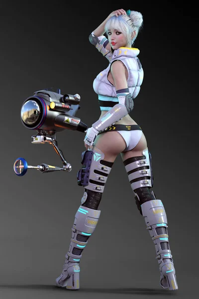 Sci Pinup Kawaii Chica Armadura Espacial Sexy Con Robot Volador — Foto de Stock