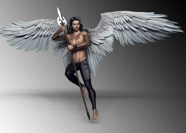 Sexy Anioł Mięśni Wytatuowany Mężczyzna Białym Wings — Zdjęcie stockowe