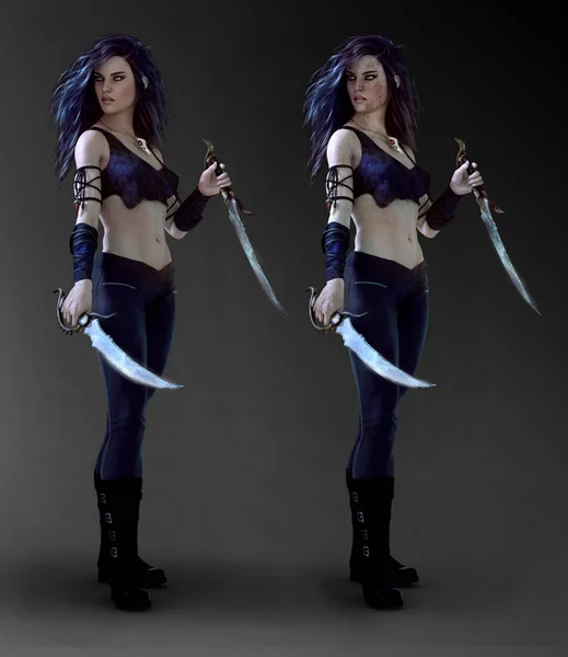 Urban Fantasy Fighter Assassin Woman Duo Con Texture Pulite Sporche — Foto Stock