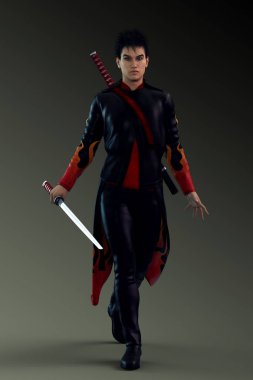 Cyberpunk deri kıyafet Katana ile muhteşem Asyalı adam
