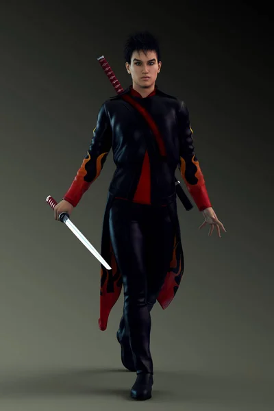 Underbara Asiatiska Man Cyberpunk Läder Outfit Med Katana — Stockfoto