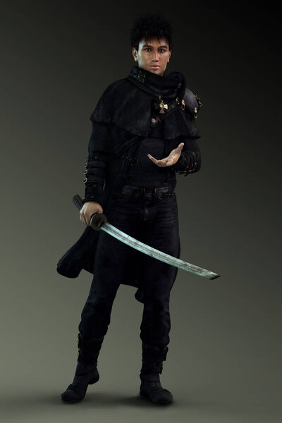 Великолепный азиат в сказочном костюме из кожи с мечом
