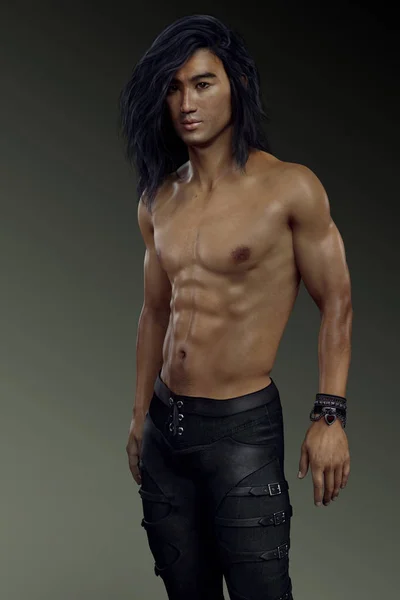 Gorgeous Asian Man Leather Pants Barechested Long Hair — Stock Photo, Image