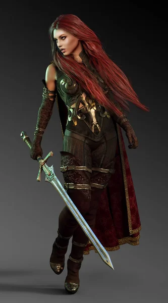 Fantasy Warrior Sword Long Red Hair — Stock Photo, Image